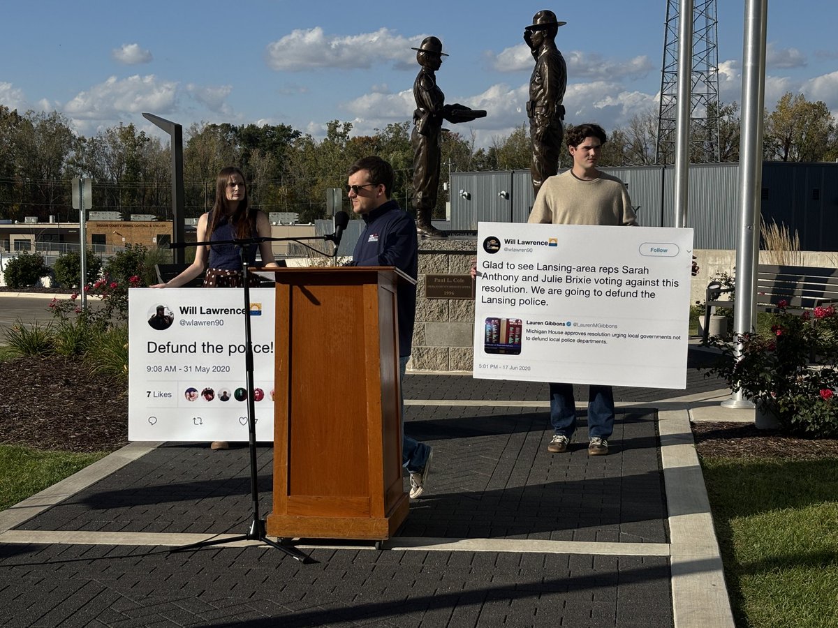 somersodeman's tweet photo. Congressman Tom Barrett alongside Speaker of the House Mike Johnson for a press conference that's often turned to his opponent William Lawrence’s old tweets on defunding the police. Johnson is one of many dignitaries Barrett has brought out during the campaign trail. https://t.co/bIvib8N0ew