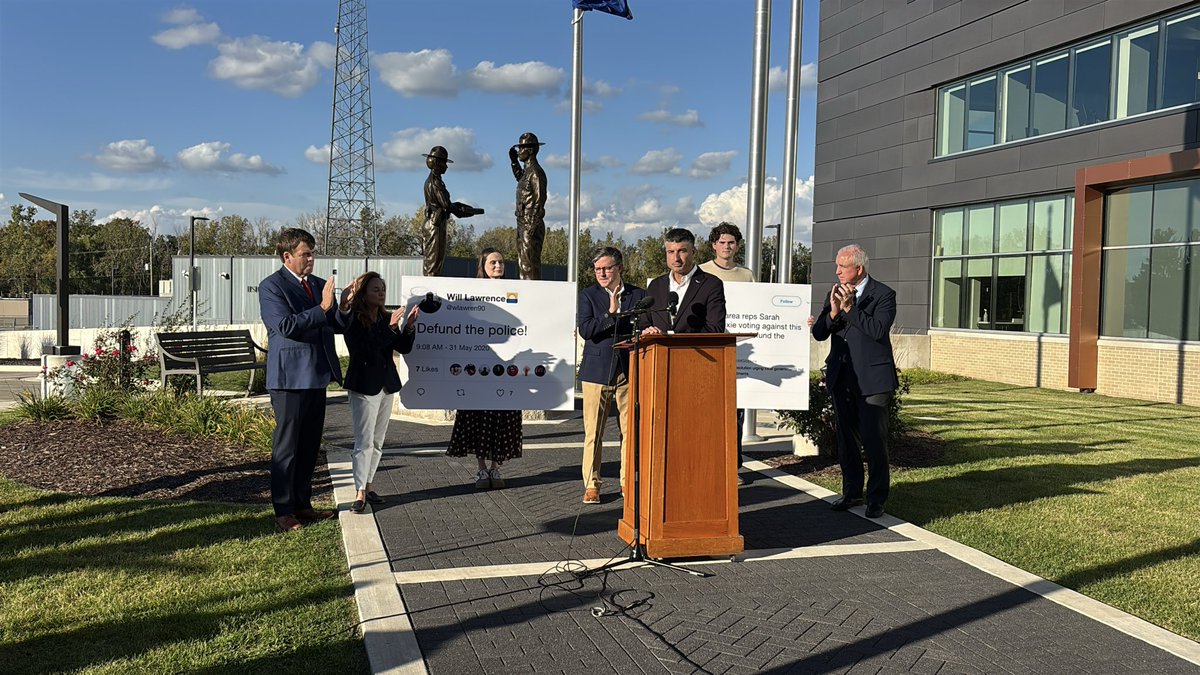 somersodeman's tweet photo. Congressman Tom Barrett alongside Speaker of the House Mike Johnson for a press conference that's often turned to his opponent William Lawrence’s old tweets on defunding the police. Johnson is one of many dignitaries Barrett has brought out during the campaign trail. https://t.co/bIvib8N0ew