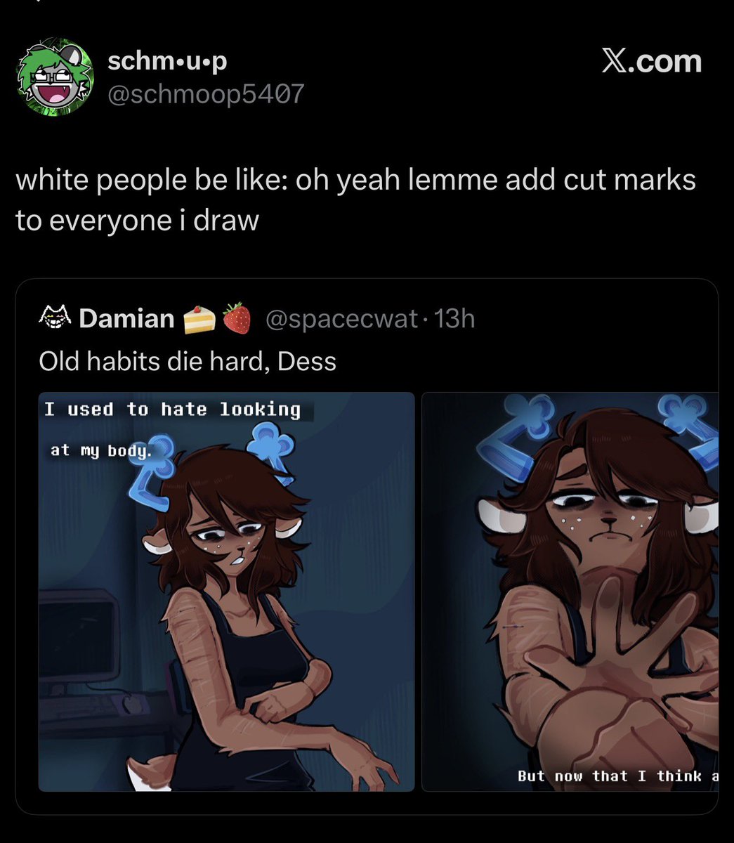 spacecwat's tweet photo. I’m not white dickhead. God forbid I draw something people can relate to and feel connected with despite its status as fanart. How miserable do you gotta be https://t.co/nWDuGDxNEk