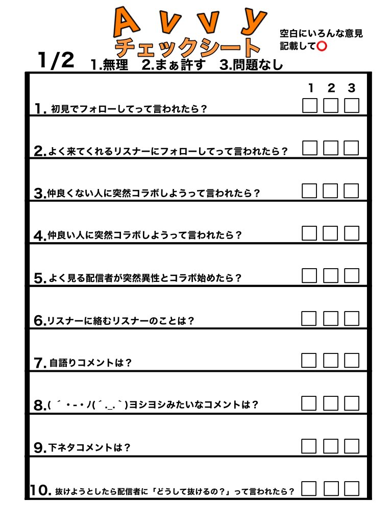 avvytomikun's tweet photo. Avvyチェックシート作りました！
ぜひ気軽にやってみてください！
空白にはこういう場合はこうなど意見記載⭕️です(^^)
⚠️そして返信欄に少し過激な部分があるチェックシートもあるので、やりたい人はやってみてください！
#Avvy
#Avvyチェックシート https://t.co/mu7eP722PF
