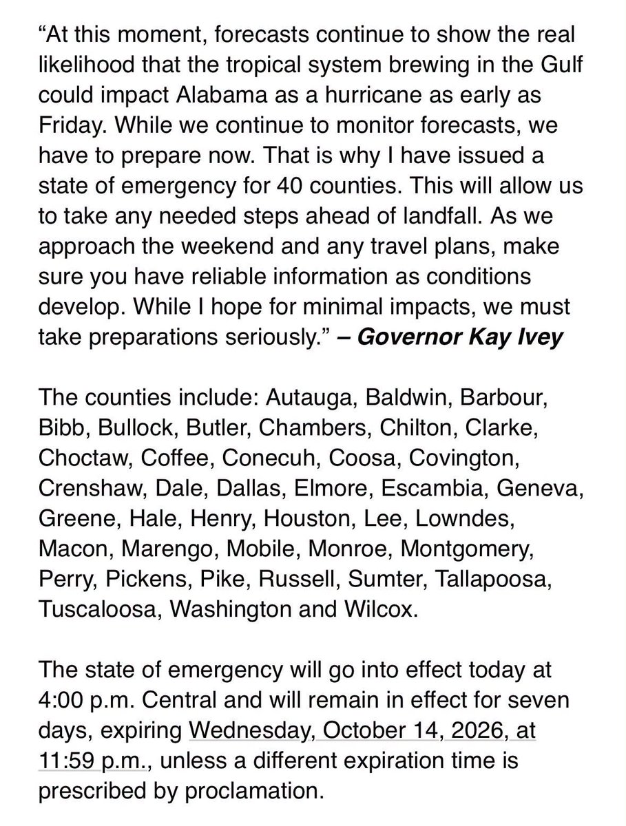 AlabamaEMA's tweet photo. Alabama Governor Kay Ivey has declared a State of Emergency in advance of Isaias… https://t.co/1X9UsPDHGu