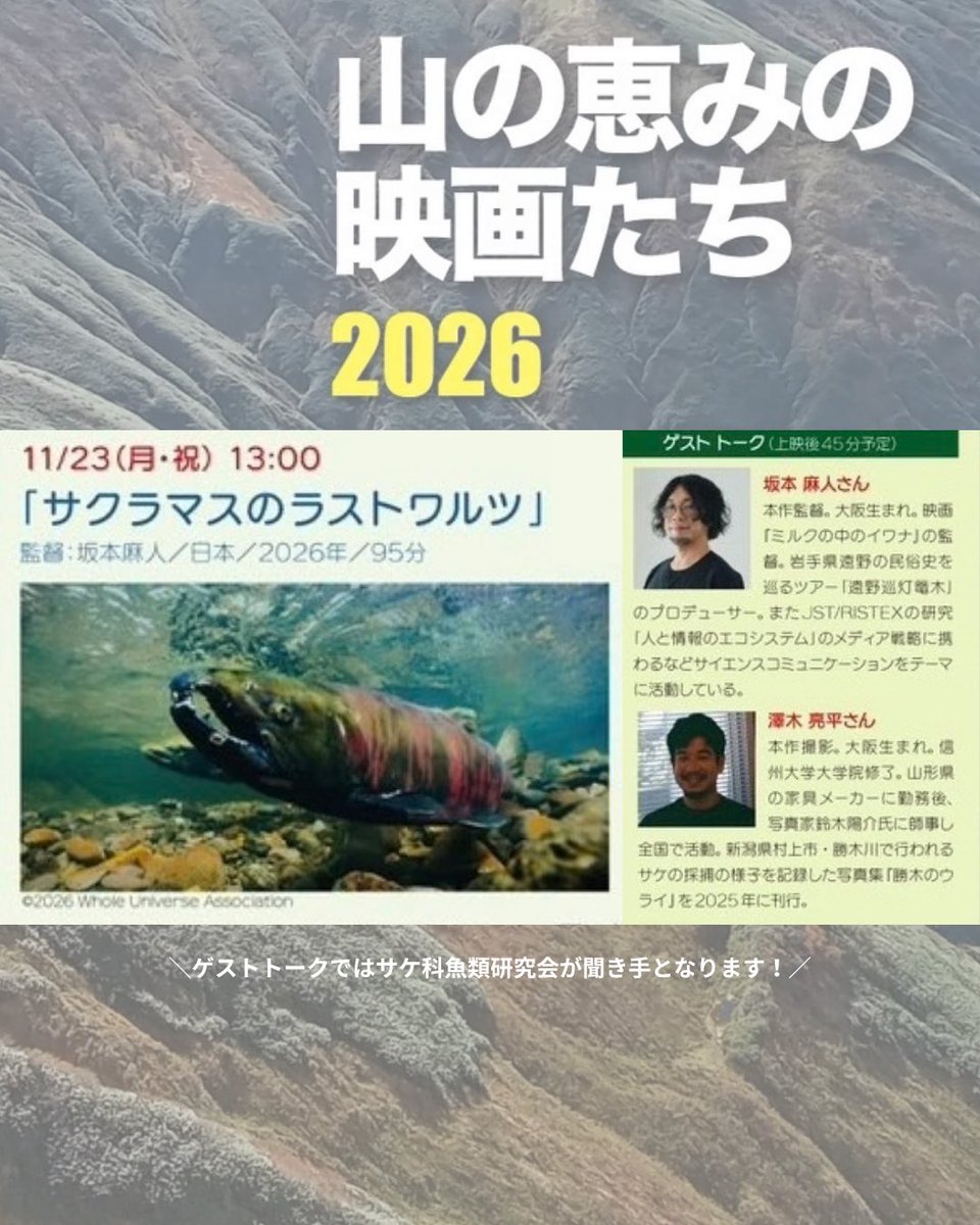 Salmonidae_s_a's tweet photo. 山の恵みの映画たち2026にて、「ミルクの中のイワナ」の坂本麻人監督の最新作「サクラマスのラストワルツ」が上映されます。サケ科魚類研究会は配布資料作成、アフタートークの聞き手などで参画します。山形県内はもちろん、近隣の方も是非お越しください。 https://t.co/wdLrQ5IE9H