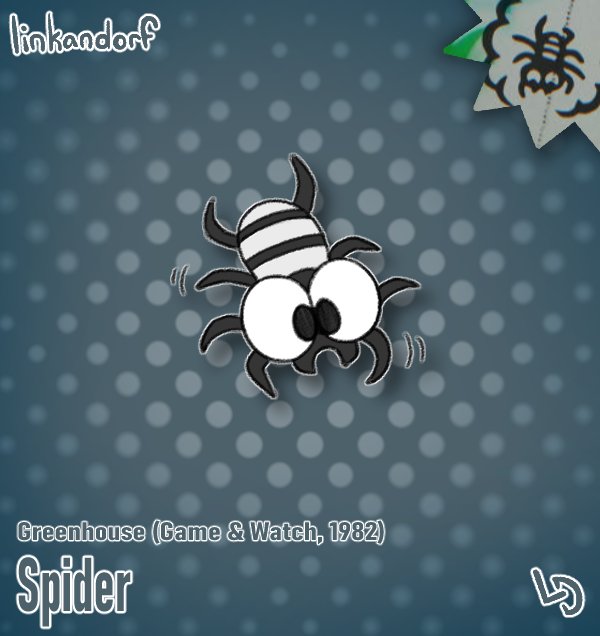 everymariochara's tweet photo. #22 - Spider

Greenhouse (Game &amp; Watch, 1982)

These arachnids feast on the lower flowers in the Greenhouse, slowly descending on it's web hoping to not get fumigated back to the top. Not sure what a spider is eating plants for, but I'm not judgin'. https://t.co/4mHrdZ1x84