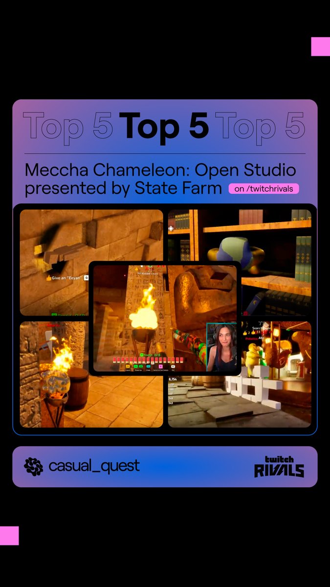 A Twitch Rivals promotional graphic highlights 'Top 5 Meccha Chameleon: Open Studio presented by State Farm' featuring gameplay screenshots from streamer casual_quest.