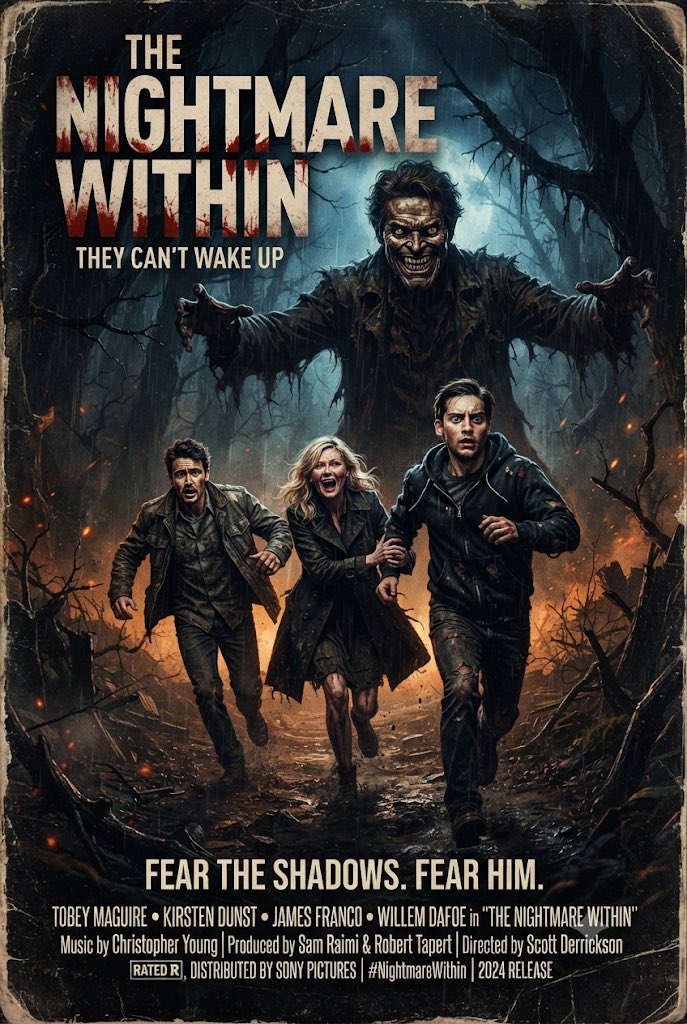 movierulez150's tweet photo. #Ai #AiArt #Concept #Poster #Horror #Nightmare #Within #TobeyMaguire #KristenDunst #WillemDafoe #JamesFranco #Terror #Shadows #Forest #Nowhere #Fear #Haunted #Scary #Scared #Wake #Running https://t.co/GMKNm0wxO6