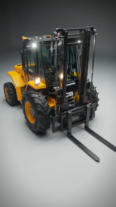 A yellow JCB forklift is displayed against a gray gradient background, showcasing its front-mounted forks and black mast.