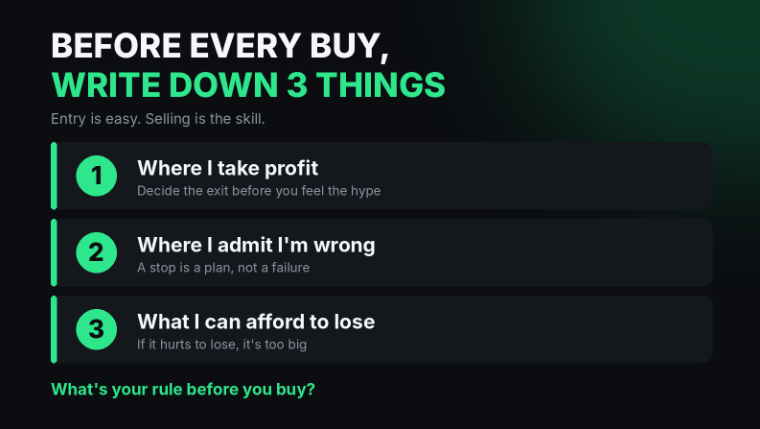 Vexssey's tweet photo. Most memecoin traders don't lose because of bad picks.

They lose because they have no exit plan.

Before every buy, I write down 3 things:

Where I take profit
Where I admit I'm wrong
How much I can lose without it hurting

Entry is easy. Selling is the skill.

What's your rule? https://t.co/i2KNSSSvRr