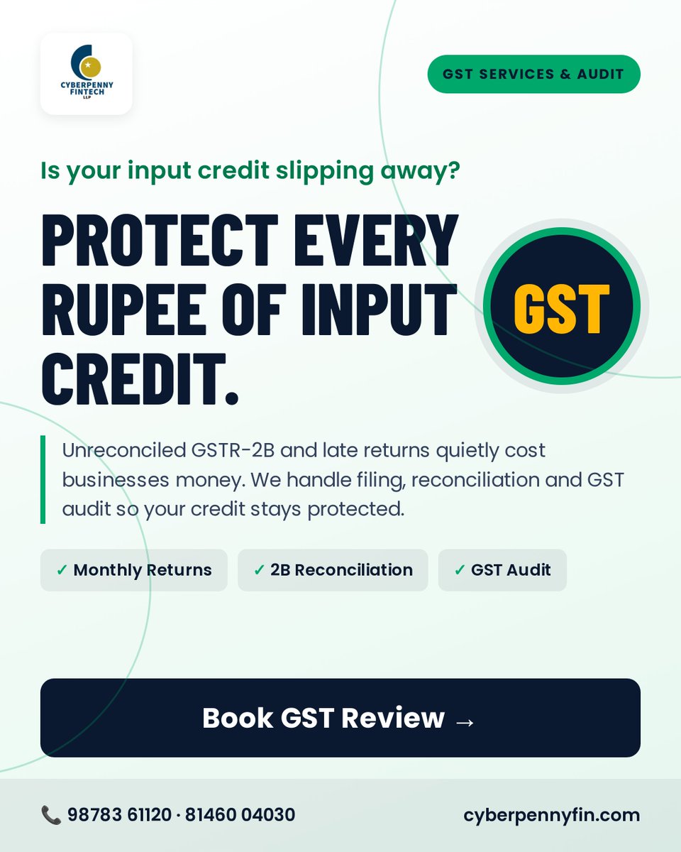 cyberpennyfin's tweet photo. Your input credit is your money. Don't leave it on the table.
Filing, GSTR-2B reconciliation, GST audit, done properly every month.
When did you last match your 2B with your books?
📲 98783 61120 | https://t.co/83EH0ZP4kv
#GST #ITC #GSTR2B #GSTFiling #GSTReconciliation https://t.co/1yAdRzgQbz