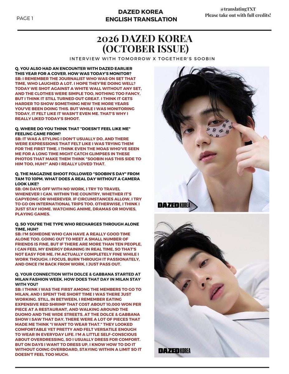 translatingTXT's tweet photo. DAZED KOREA (October Issue) - #SOOBIN Interview - English Translation https://t.co/xkhajuLXeb