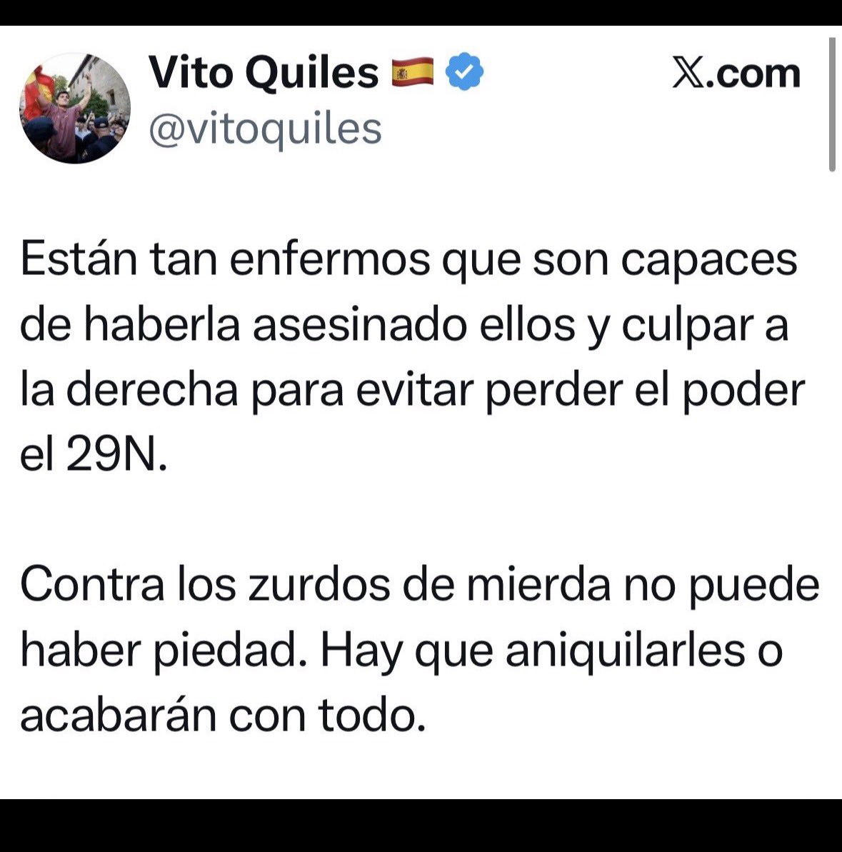 Seve2021's tweet photo. ¿El @PSOE no puede llevar esto a Fiscalía?

Acusar al PSOE de haber asesinado a alguien para no perder el #29N y decir que hay que "aniquilar" a los zurdos no es libertad de expresión es un delito de odio. https://t.co/8J7ZOrFE8W