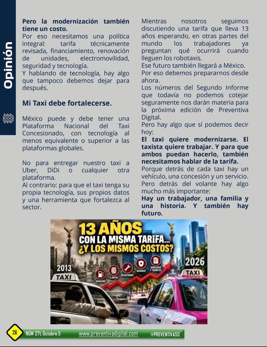 G_L_ABONZA's tweet photo. 🚕 13 años sin ajuste de tarifa… y el #taxi concesionado al borde de la extinción
.
Todo sube, menos la #tarifa. ¿Cómo modernizar el taxi si no se actualiza su ingreso?

Les comparto mi columna en #PreventivaDigital.

@ROSAURACER88518
#TaxiConcesionado #COTAC #MovilidadCDMX https://t.co/e1Z8G0Iseo