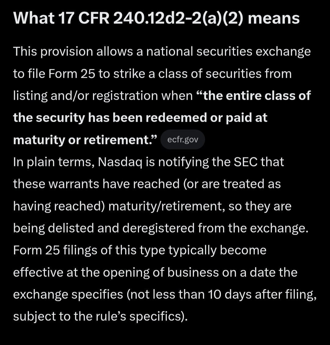 bossfight_band's tweet photo. The warrants were pulled from the market before they expired and redeemed. Just like in 2023 when the stock was cancelled (not deleted) before it was shorted below .01. 

@Kyl0Z3n Can you give us all a quick summary of the words written in the image below in layman’s terms? https://t.co/SMvZVvNnrW
