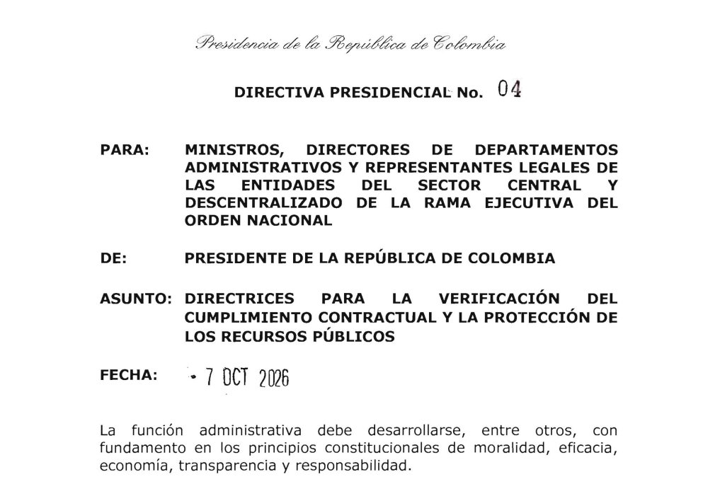 relatoriaCCA's tweet photo. Directiva Presidencial 04 del 7 de octubre de 2026: directrices para verificar el cumplimiento contractual y proteger los recursos públicos. Va dirigida a todas las entidades de la Rama Ejecutiva del orden nacional
https://t.co/n538UPWYZX https://t.co/r268IhKOjL