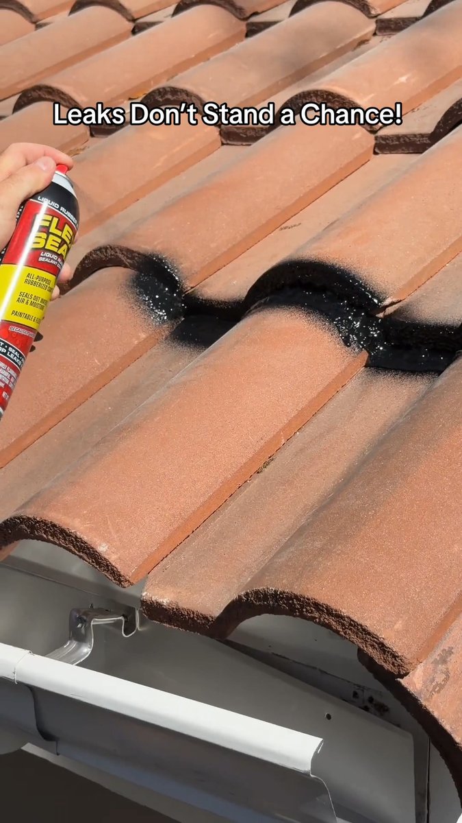 A hand sprays Flex Seal from a black and yellow can onto terracotta roof tiles, with the text overlay reading 'Leaks Don't Stand a Chance!'.