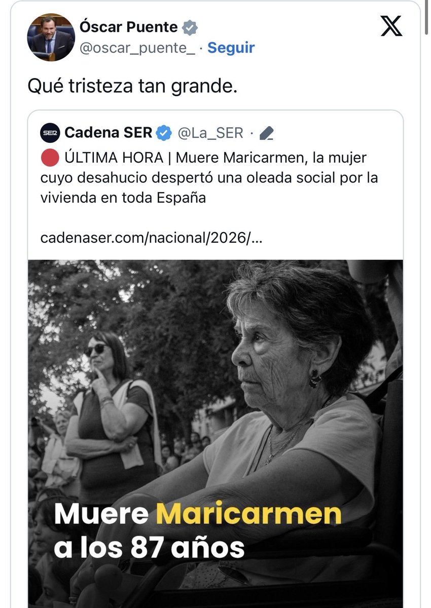 hermanntertsch's tweet photo. Le da pena Mari Carmen.
Pero no expresó la mínima pena por los 67 muertos de Adamuz, bajo su responsabilidad y por culpa de su ministerio, es decir suya misma, con jóvenes y adultos muertos en la plenitud de su vida en lo que puede calificarse de masivo homicidio de un gobierno corrupto. Porque habia putas que contratar había que ahorrar en mantenimiento e inspecciones.
Oscar Puente ya no es un mono, es una puta alimaña.