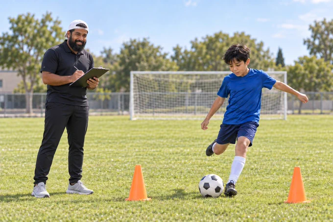 AI assessor in black scoring student kicking
