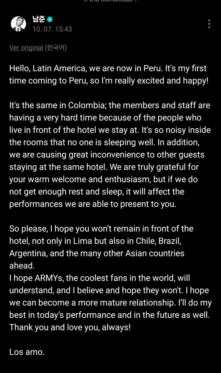 karla_vkim's tweet photo. Comunicado de Nam en Weverse 📍

Por favor Army eviten ir al hotel de lo chicos, se que muchas quieren verlos y tener por lo menos 5 seg cerca de ellos pero por seguridad tanto de ellos como de ustedes eviten ir a su hotel o perseguirlos a otros lugares https://t.co/7WHfiOnMYe
