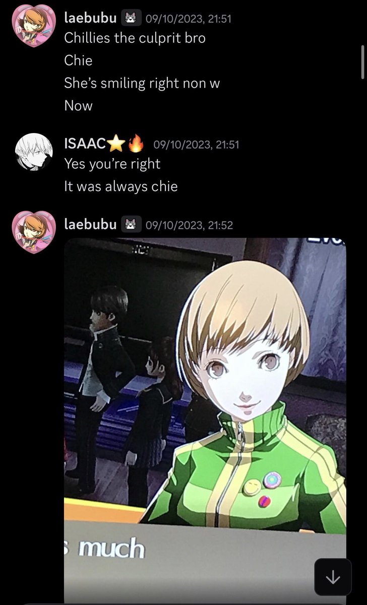 laeyu3ri's tweet photo. throwback to my first playthrough of persona 4 when i thought chie was the culprit https://t.co/4LMbV8ynlE
