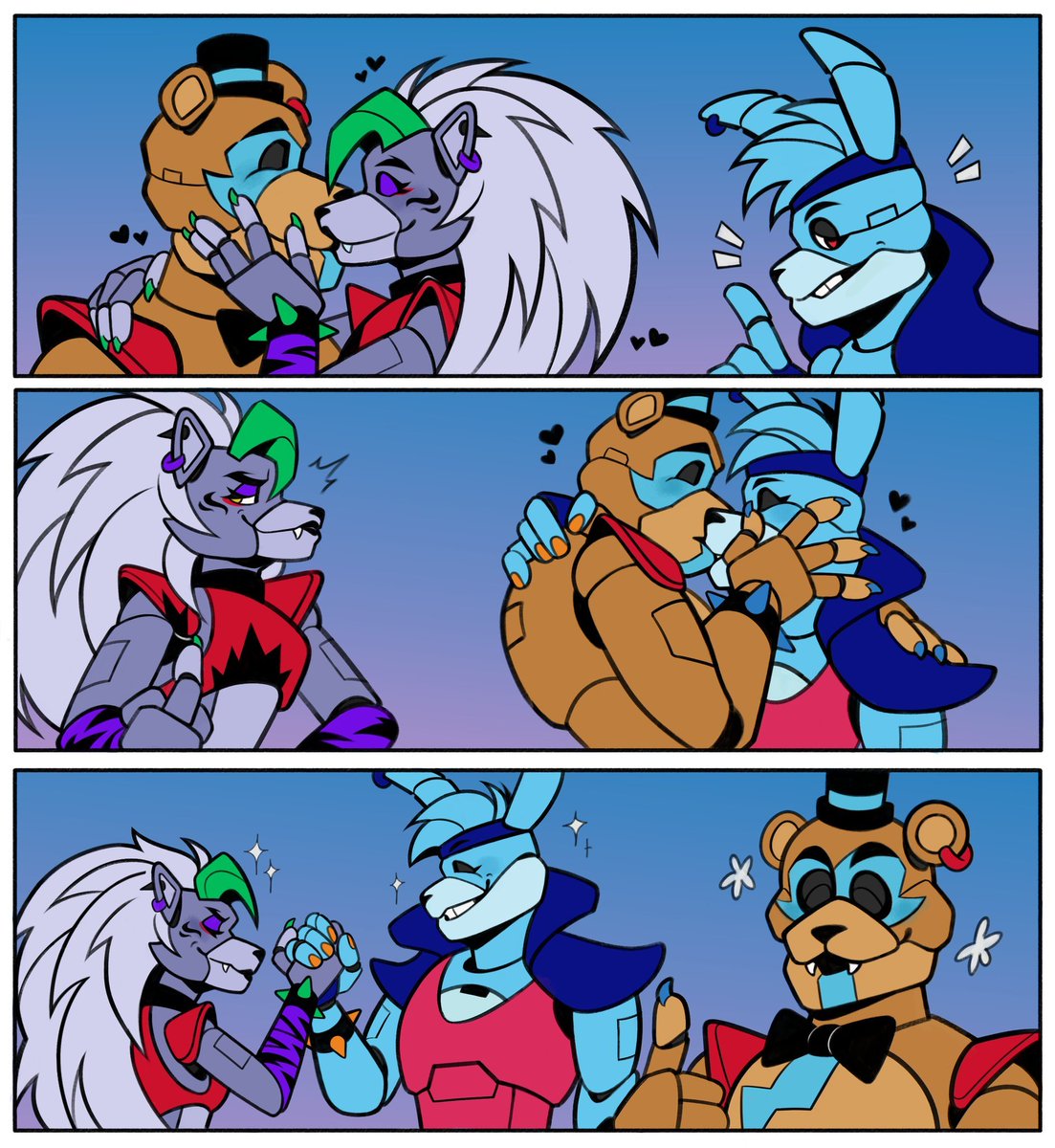 BlueCerfjazz's tweet photo. I’m that crazy person who came up with a polyamorous dynamic between Roxy, Freddy, and Bonnie—partly because I thought it was fun, and partly because the fandom is basically split between Frexanne and Fronnie shippers. 

(Indeed, random online spectator, art recycling.) https://t.co/ZA2TvqeONa