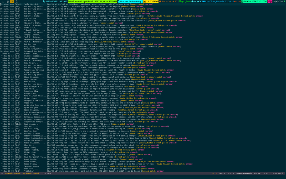 unixbhaskar's tweet photo. Ah, more coffee ☕ and an attempt to catch up 😜
#linuxkernel #linux #linuxadmin #mailinglist #tool #emacs #notmuch #opensource https://t.co/52Dq9IsjMy