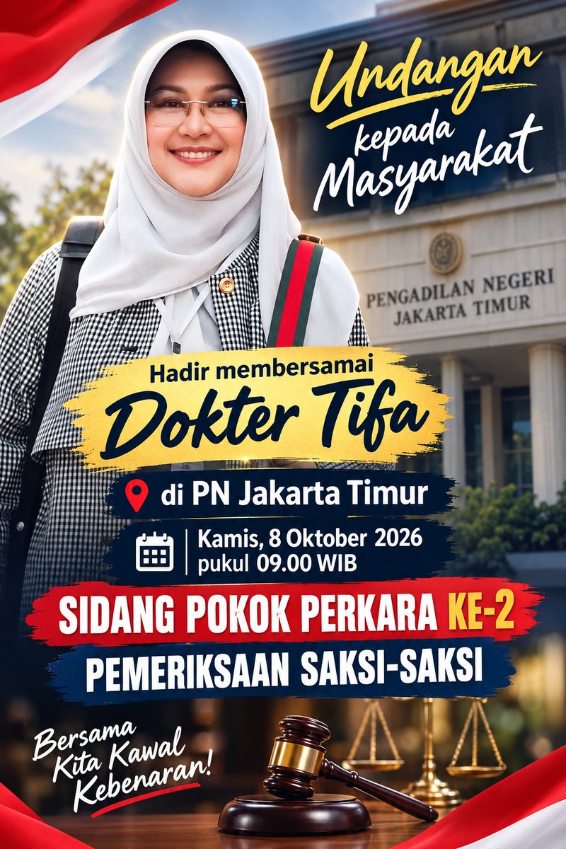 DokterTifa's tweet photo. UNDANGAN UNTUK MASYARAKAT

Kamis, 8 Oktober 2026, pukul 09.00 WIB, 

Mari hadir dan membersamai Dokter Tifa di PN Jakarta Timur.

Sidang Pokok Perkara ke-2 dengan agenda
Pemeriksaan Saksi-Saksi.

Perjuangan dokter Tifa bukan sekadar tentang hadir di sebuah persidangan.
Tetapi momentum untuk mengawal proses hukum, menyaksikan jalannya persidangan, dan bersama-sama menjaga agar kebenaran memperoleh ruang untuk diuji secara terbuka di hadapan hukum.

Hadir. Saksikan. Kawal.
Kebenaran tidak cukup hanya dibicarakan. 
kebenaran harus diperjuangkan.