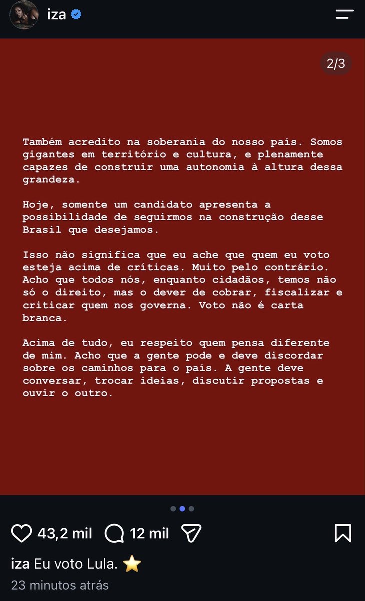 anittagolden's tweet photo. 🚨TALISMÃ! Iza declarou seu voto em LULA ♥️⭐️

Obrigado @IzaReal https://t.co/AzNk8lOnZZ