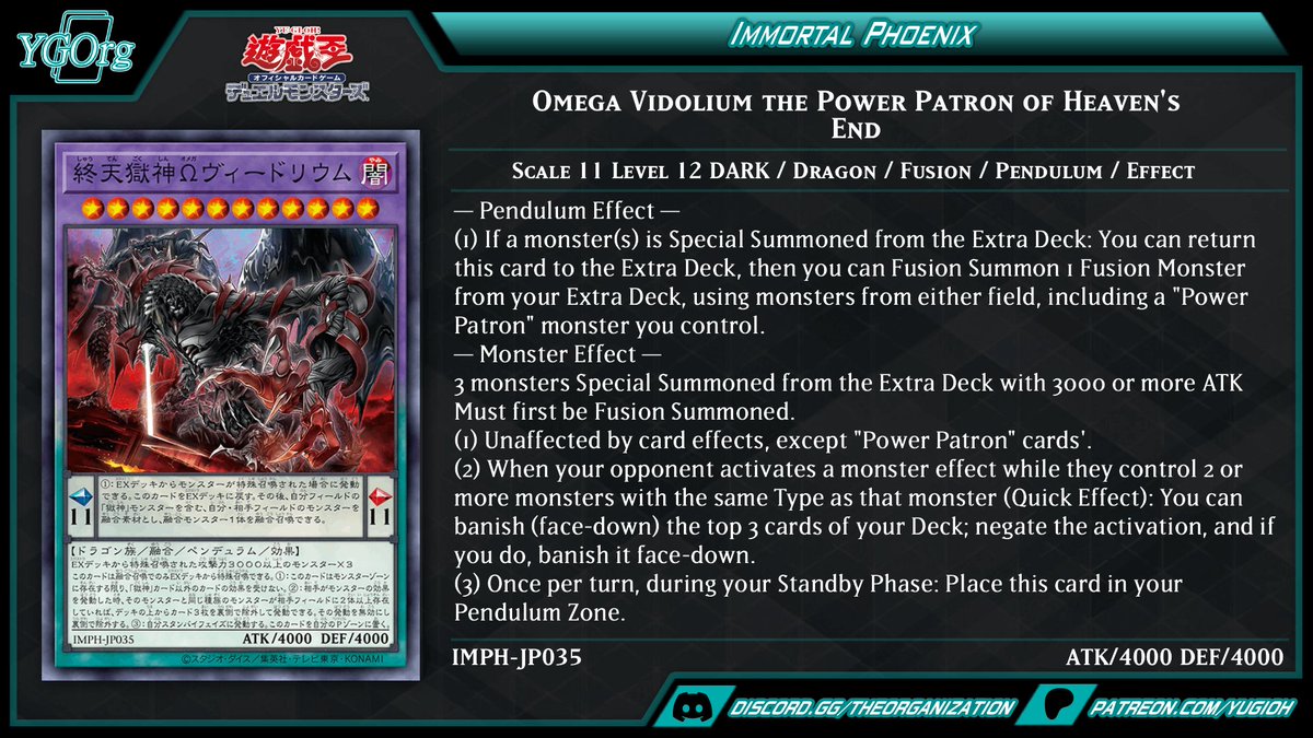 ygorganization's tweet photo. ◆ Immortal Phoenix ◆
New "Power Patron" supports❗

"Omega Vidolium the Power Patron of Heaven's End"
#yugioh #遊戯王 https://t.co/uhYqB4QubI