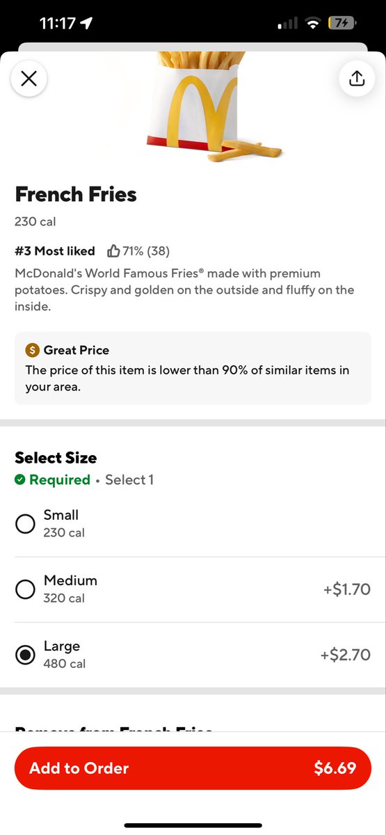 BtheGm12's tweet photo. Large McDonald’s fries are $6.69 on DoorDash🤣 https://t.co/jHhsrH2SyE