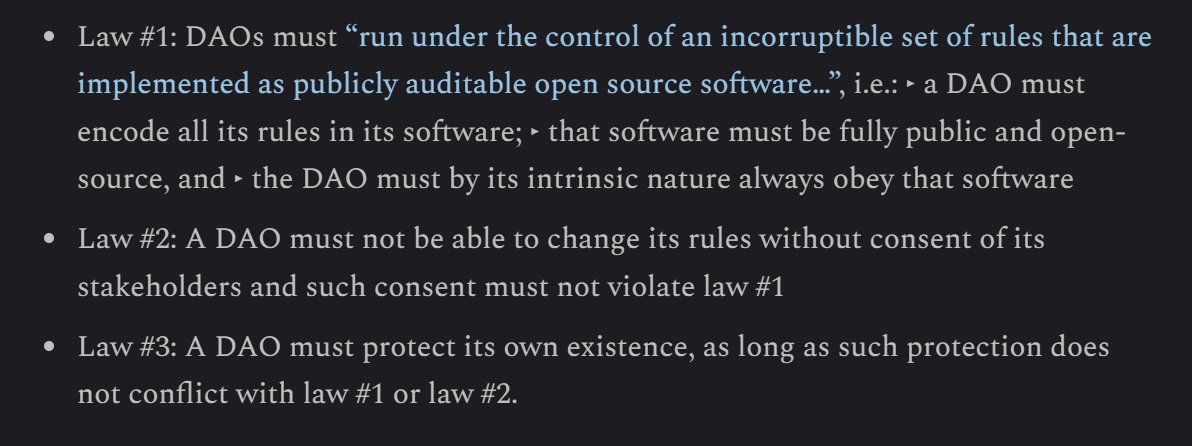 lex_node's tweet photo. very intelligent answer

also, go back to the three rules of DAObotics from Stan Larimer

a global stoppage is 'to protect the protocol' as Avishay says here--not 3rd parties

that is exactly what one would expect from the three laws of DAObotics...

you can do a halt to protect the protocol (law #3), but you can't just arbitrarily rewrite the rules already embedded in the software (laws #1, #2); those laws trump law #3 . . .

so every particular act of censorship within a DAO would require robust governance, extremely impractical 

moreover, having this as a policy would actually be the opposite of protecting the DAO's existence, since it opens massive DoS attack vectors and weakens economic security...