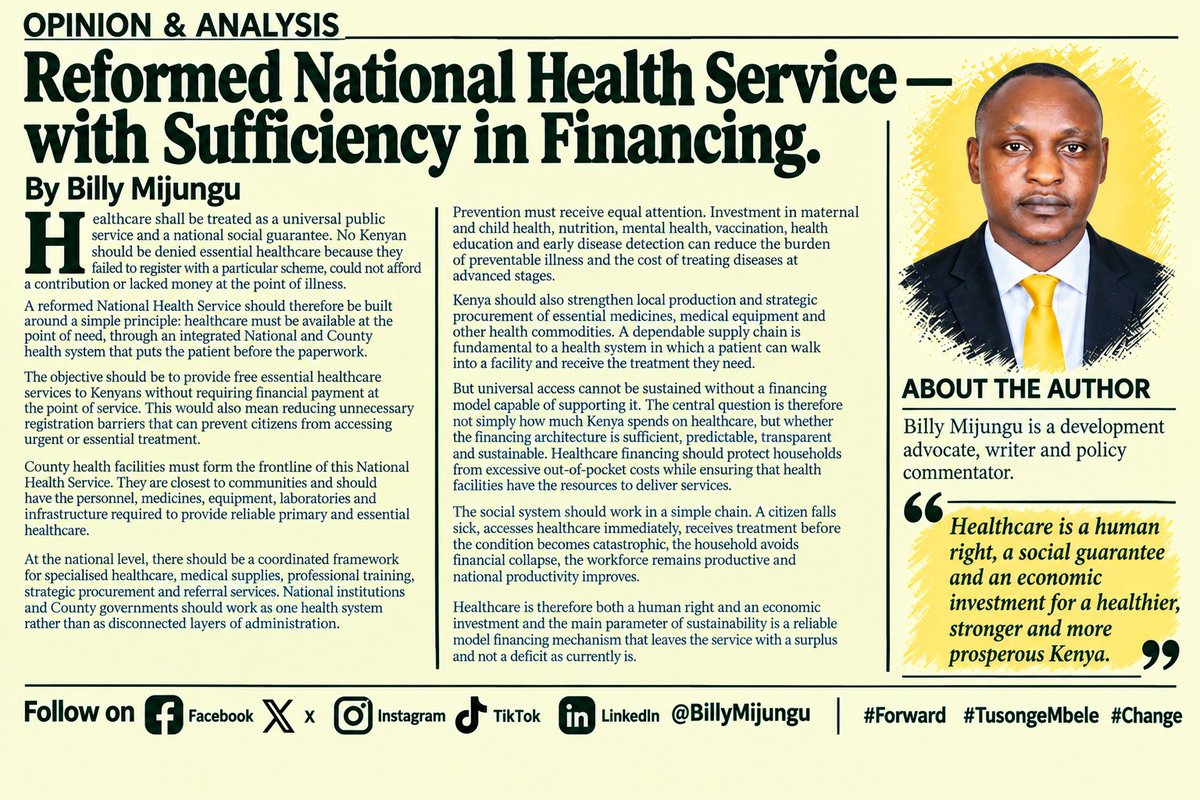 BillyMijungu's tweet photo. Reformed National Health Service With Sufficiency in Financing

Follow on Facebook, X, Instagram, TikTok and LinkedIn @BillyMijungu
#Forward #TusongeMbele #Change https://t.co/wbO781rBrK