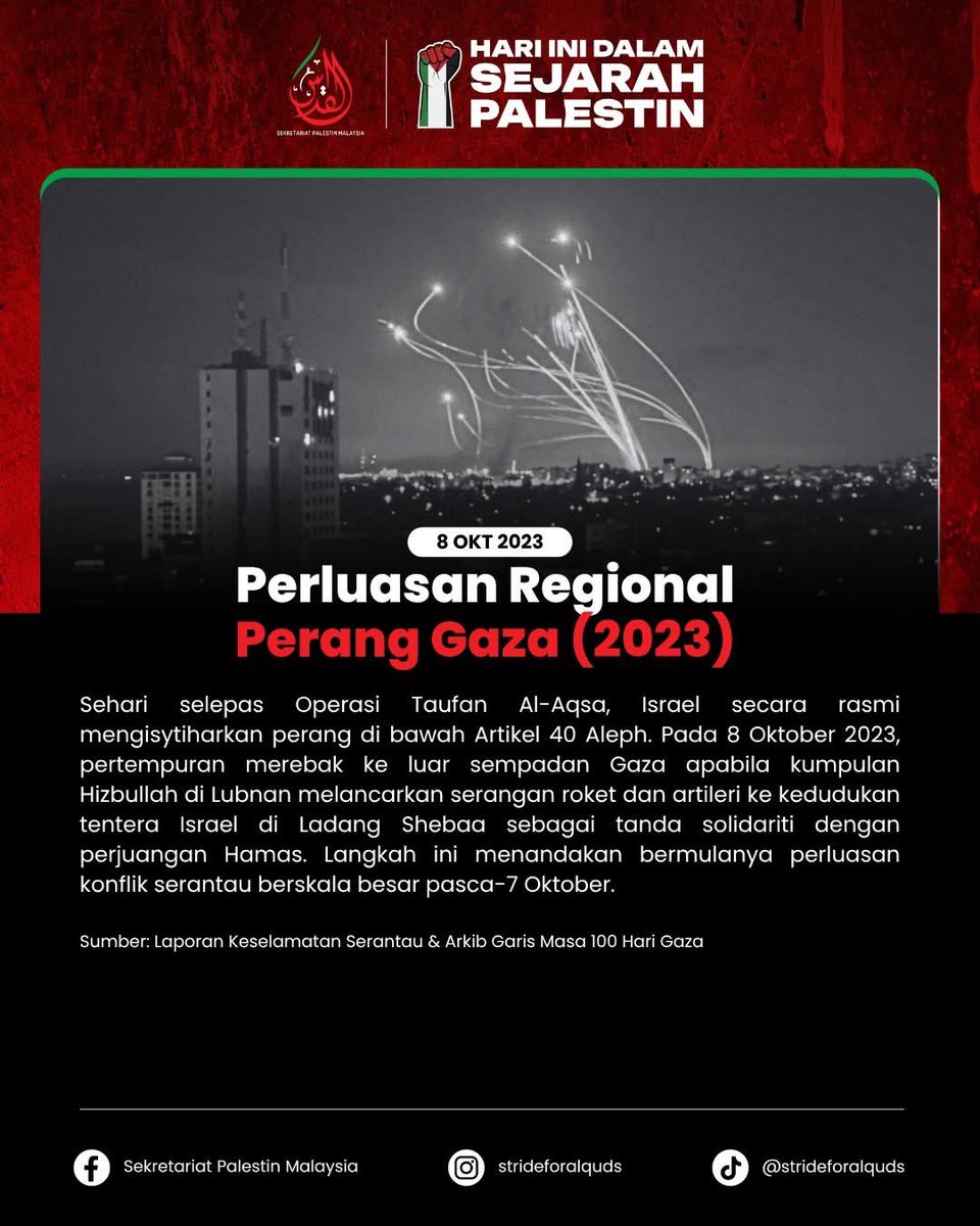 Stride4Alquds's tweet photo. 📅 8 OKT – HARI INI DALAM SEJARAH PALESTIN

🕌 8 Okt 1990 — Tragedi Isnin Hitam Al-Aqsa

🚀 8 Okt 2023 — Perluasan Regional Perang Gaza 

🛑 8 Okt 2024 — Kempen Pengepungan Semula Kem Pelarian Jabalia https://t.co/lw2IslNYZV