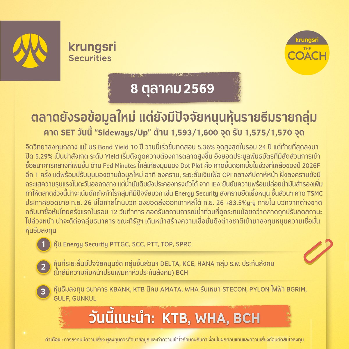 krungsrisec's tweet photo. ☀️ กลยุทธ์ลงทุนวันนี้ 8 ตุลาคม 2569
🎯 หุ้นแนะนำวันนี้: KTB, WHA, BCH
📲เปิดบัญชีลงทุนกับหลักทรัพย์กรุงศรี
👉🏻https://t.co/dX02XgleyA
#KSS #หลักทรัพย์กรุงศรี #KrungsriSecurities #การลงทุน #การลงทุนหลักทรัพย์ #ผลตอบแทน #หุ้น #หุ้นไทย #ข่าวหุ้น #PlayoftheDay #Strategy https://t.co/zMEfUBjeFJ