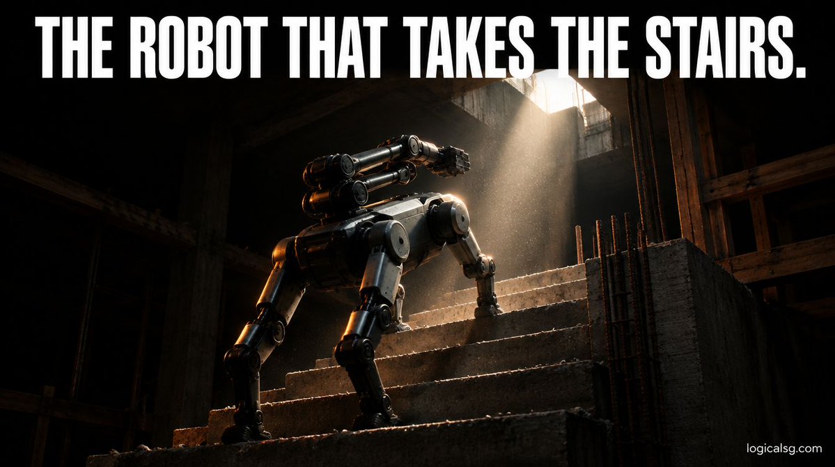 LogicalSG's tweet photo. A 135 kg robot lost battery power at the top of a staircase and lowered itself to the ground under control.

That's the real test in All3's new Mantis construction robot: how it fails.
https://t.co/owpIPjhTUl

Would you let it on your site? https://t.co/N0HU70dZFf