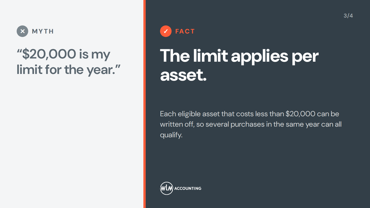 WLM_accounting's tweet photo. Turnover under $10m? Deduct eligible assets under $20k each, once used or installed ready for use. A deduction, not cash back.
https://t.co/kpfvJuS1HI
#InstantAssetWriteOff #WLMAccounting https://t.co/r1JXasXepY