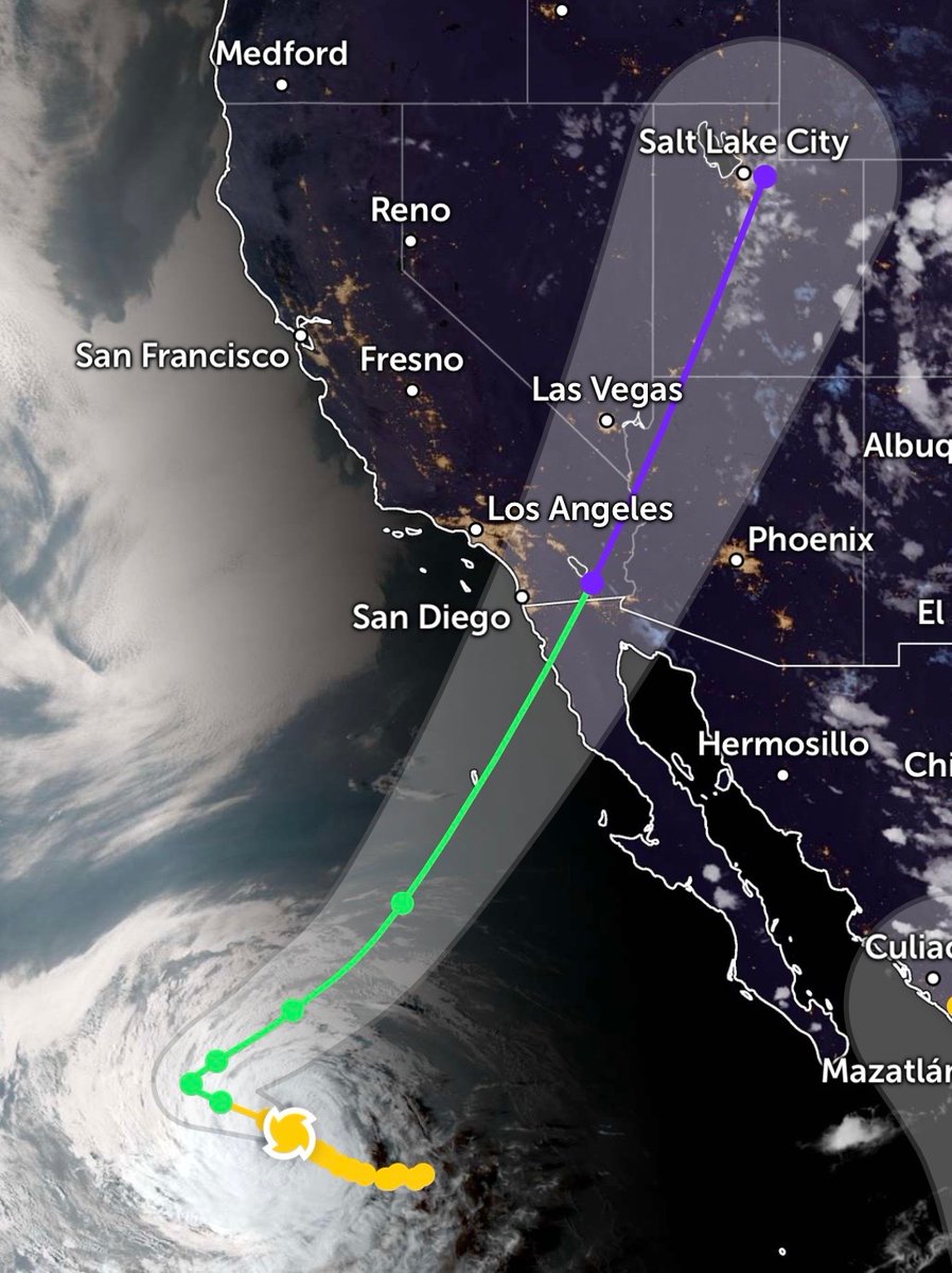 BackpirchCrew's tweet photo. The cities of San Diego, Las Vegas, and Salt Lake City are all in the cone of Pacific Hurricane Rachel tonight. https://t.co/OpB6SD6KML