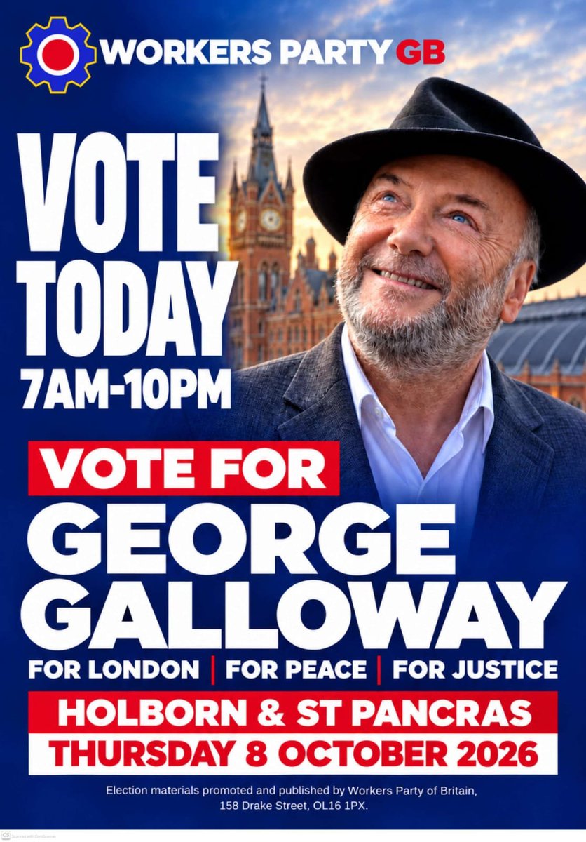WPB_Tottenham's tweet photo. Make your voice heard today at the ballot box by voting for @GeorgeGalloway. Choose a representative committed to keeping your tax money at home to help people struggling with household costs, rather than funding overseas wars. #workersparty
#ByElection https://t.co/jvopl4xq0V