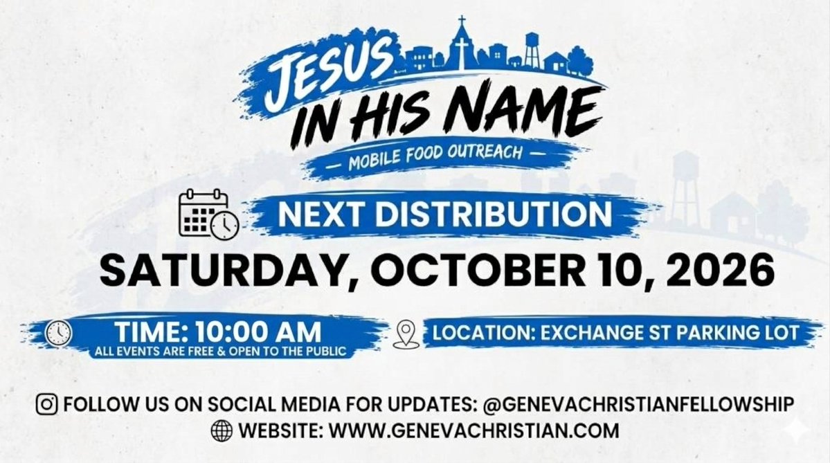 GCF5830's tweet photo. In His Name Mobile Food Outreach will be out in the community this weekend.
📍 Exchange St Parking Lot
🗓️ Saturday, October 10, 2026
⏰ 10:00 AM
👉 @InHisNameMobileFoodMinistry
🌐 https://t.co/cYzQJWXUVI
#InHisName #MobileFoodPantry #GenevaNY #NeighborsHelpingNeighbors https://t.co/BM0a1d8qJh