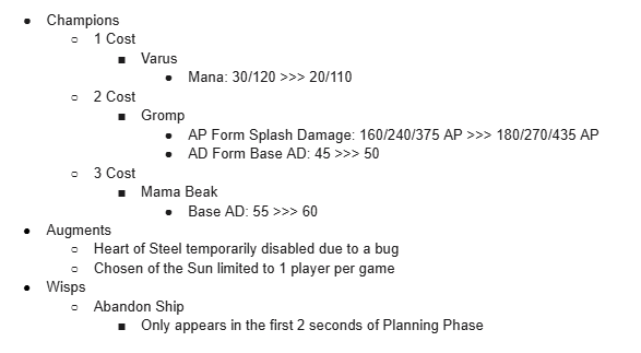 TheTruexy's tweet photo. A micropatch will be releasing shortly handling some of the serious bugs such as crashes and Abilities disappearing. This will also include correcting some rolled back balance changes.

The Live team has used this to also add a few small adjustments to the initial patch, increasing the buffs to Varus/Mama Beak/Gromp and addressing the optimization around Abandon Ship.

I'll have more to speak on Wisp toggling/tailoring later, but for not it's been a hectic day and we'll keep fixing the issues that have arisen in 18.4.