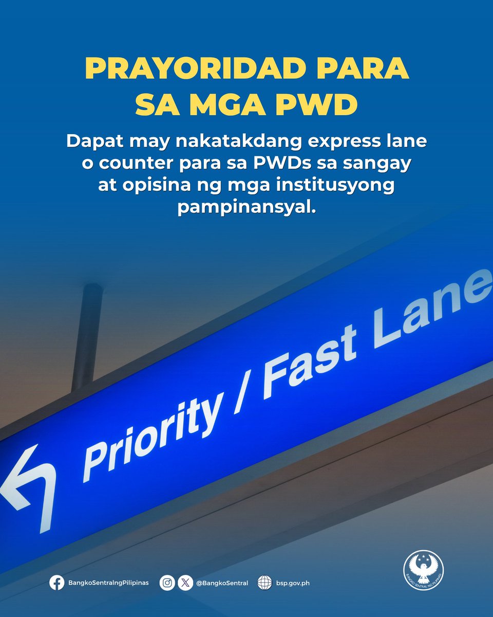 BangkoSentral's tweet photo. 2/2 1/2 PATAS NA TRATO PARA SA LAHAT!

Para mas mapaglikuran ang mga kababayan nating may kapansanan, iniutos ng Bangko Sentral ng Pilipinas sa mga institusyong pampinansyal na tiyaking patas at pantay ang pagtrato sa lahat ng pagkakataon sa mga kliyenteng may kapansanan (PWD).

Paraan ito para mas magkaroon ang mga PWD ng access sa iba’t ibang serbisyo at produktong pampinansyal na makatutulong na mapaunlad ang kanilang buhay.

Basahin ang BSP Memorandum No. M-2026-046: https://t.co/uMcIlfAEvT

#KabilangAko #FinancialInclusion #FCPA