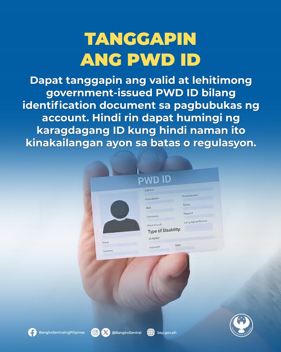 BangkoSentral's tweet photo. 2/2 1/2 PATAS NA TRATO PARA SA LAHAT!

Para mas mapaglikuran ang mga kababayan nating may kapansanan, iniutos ng Bangko Sentral ng Pilipinas sa mga institusyong pampinansyal na tiyaking patas at pantay ang pagtrato sa lahat ng pagkakataon sa mga kliyenteng may kapansanan (PWD).

Paraan ito para mas magkaroon ang mga PWD ng access sa iba’t ibang serbisyo at produktong pampinansyal na makatutulong na mapaunlad ang kanilang buhay.

Basahin ang BSP Memorandum No. M-2026-046: https://t.co/uMcIlfAEvT

#KabilangAko #FinancialInclusion #FCPA
