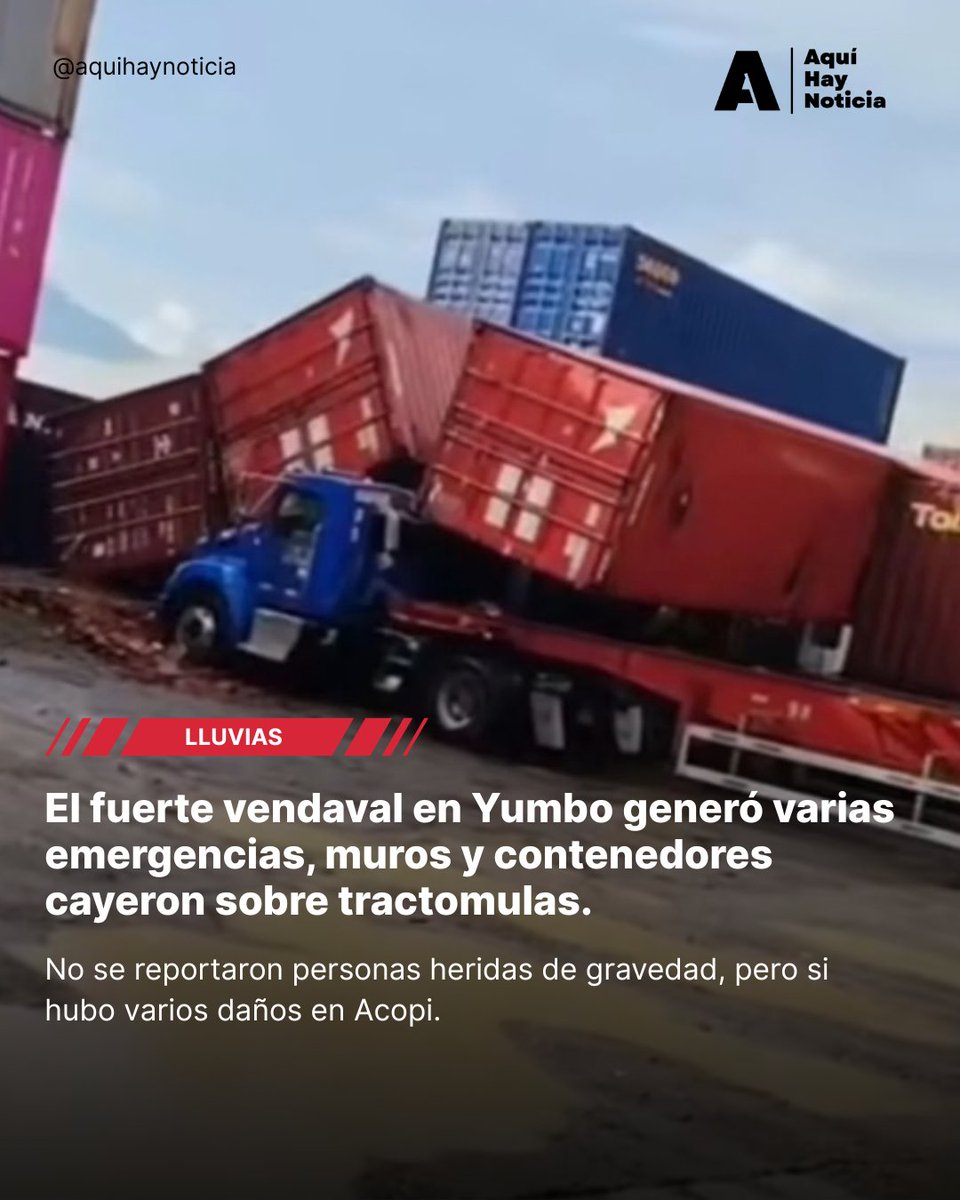 aquihaynoticia's tweet photo. En medio del fuerte aguacero que cayó este miércoles en Cali, parte de Palmira y Yumbo, se registraron varias emergencias.
Debido a la tormenta, en Yumbo se reportó la caída de muros en patios y bodegas, y varios contenedores en una de las empresas ubicadas en el sector de Acopi, también cayeron sobre tractomulas que estaba parqueadas.
No se reportaron lesionados de gravedad.
#AquiHayNoticia #yumbo #vendaval #tormenta