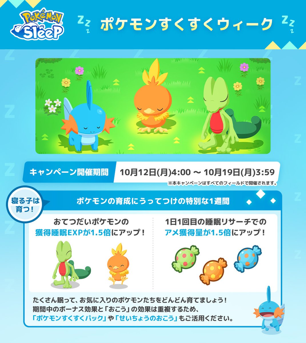 PokemonSleepApp's tweet photo. 【ポケモンすくすくウィーク🌱】

ポケモンの育成を応援するキャンペーン✨

💤おてつだいポケモンの睡眠EXP1.5倍
🍬1日1回目の睡眠リサーチでのアメ獲得量1.5倍

たくさん眠って、お気に入りのポケモンをすくすく育てましょう🎵

👇詳細はこちら
https://t.co/NBWioNkpts

#ポケモンスリープ https://t.co/2azBXnR6ev