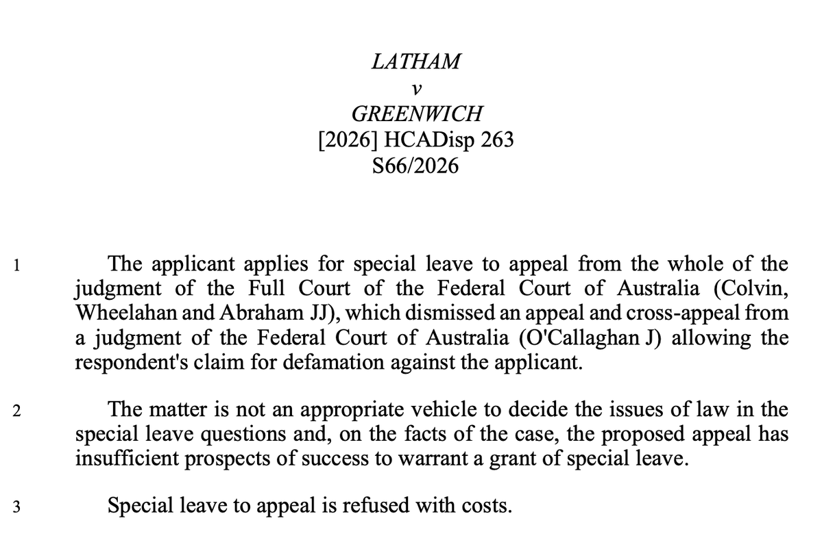 jeremy_gans's tweet photo. Special leave refused in Latham v Greenwich: https://t.co/MHXcL4GoT5

(Not an appropriate vehicle AND insufficient prospects.) https://t.co/S3HcBa84eY