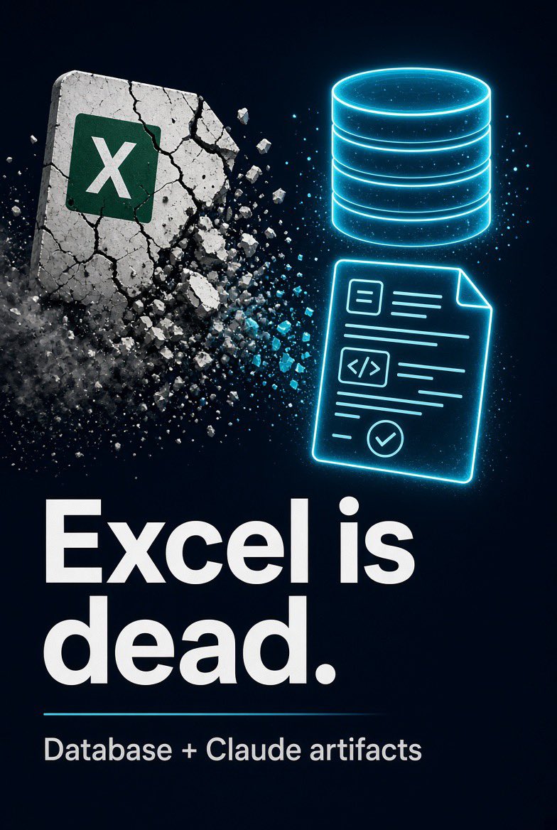 aislopgr's tweet photo. Unpopular opinion: Excel is dead. Not fading. Dead. People still open it out of habit and call a spreadsheet a system. It is not.
A real database, plus Claude artifacts for the analysis, the memoand the messy middle. That is the way.
If this sounds wrong, comment. I will send it. https://t.co/SBeOSATeGD