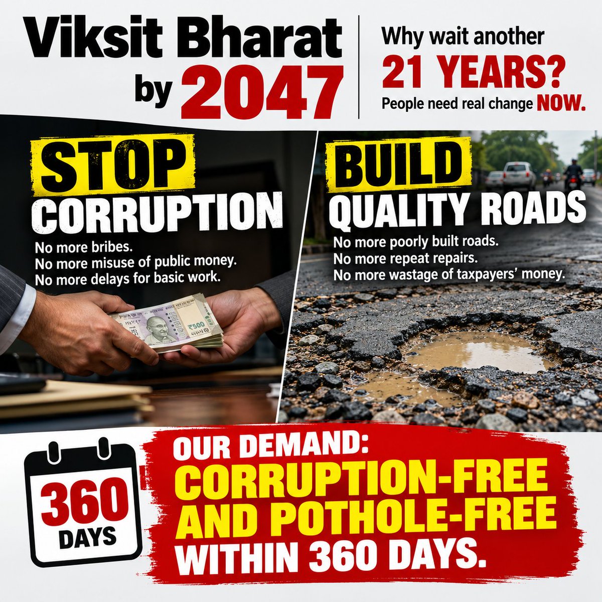 TaxpayerVoiceIN's tweet photo. @narendramodi Why no one talking about Corruption and  pot holes. Is that also we need upto 2047? https://t.co/9j3mozQvLO