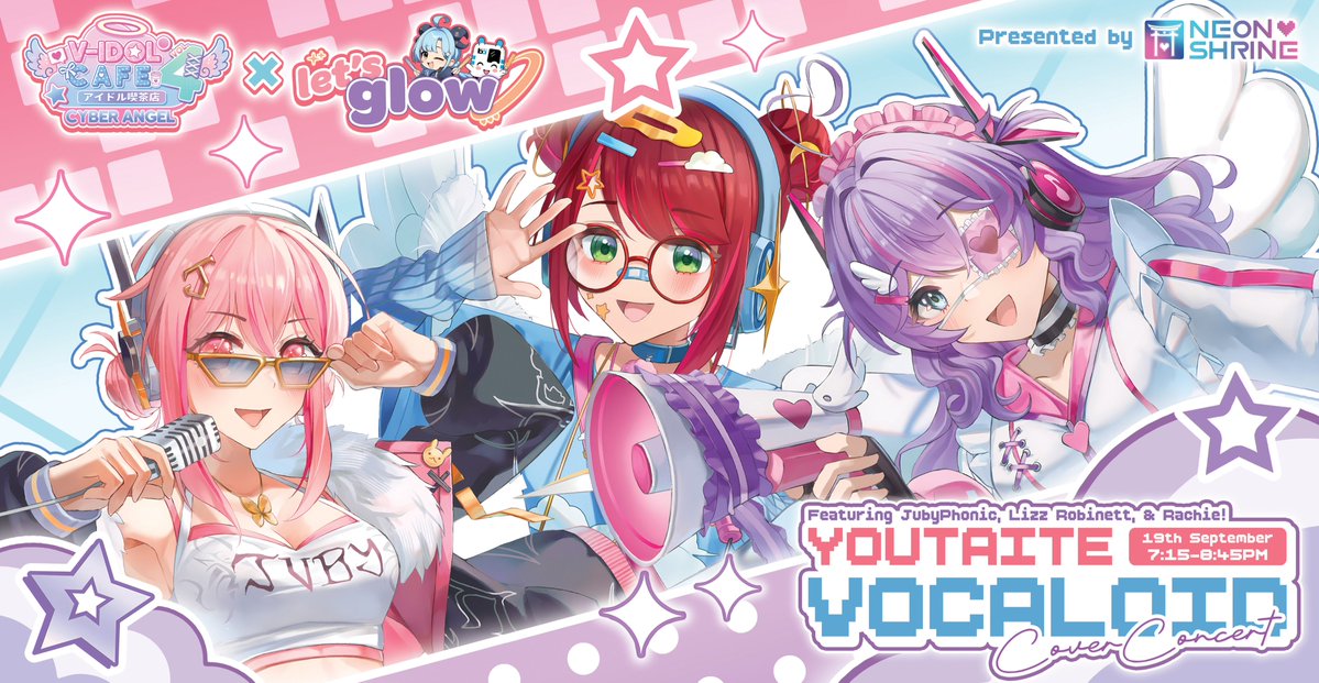 neonshrine_shop's tweet photo. Experience the #VIdolCafe Vol. 4 Cyber Angel Concert with your Youtaite heroes @JubyPhonic_P, @LizzRobinett, &amp; @splendiferachie from the @SFBART Let's Glow! Festival premiering on YouTube this Friday at 6PM PT! 🛜🪽

🎶Ft. Vocaloid Classics &amp; More!

Waiting Room link below! 👇 https://t.co/kSJLQr2IC6