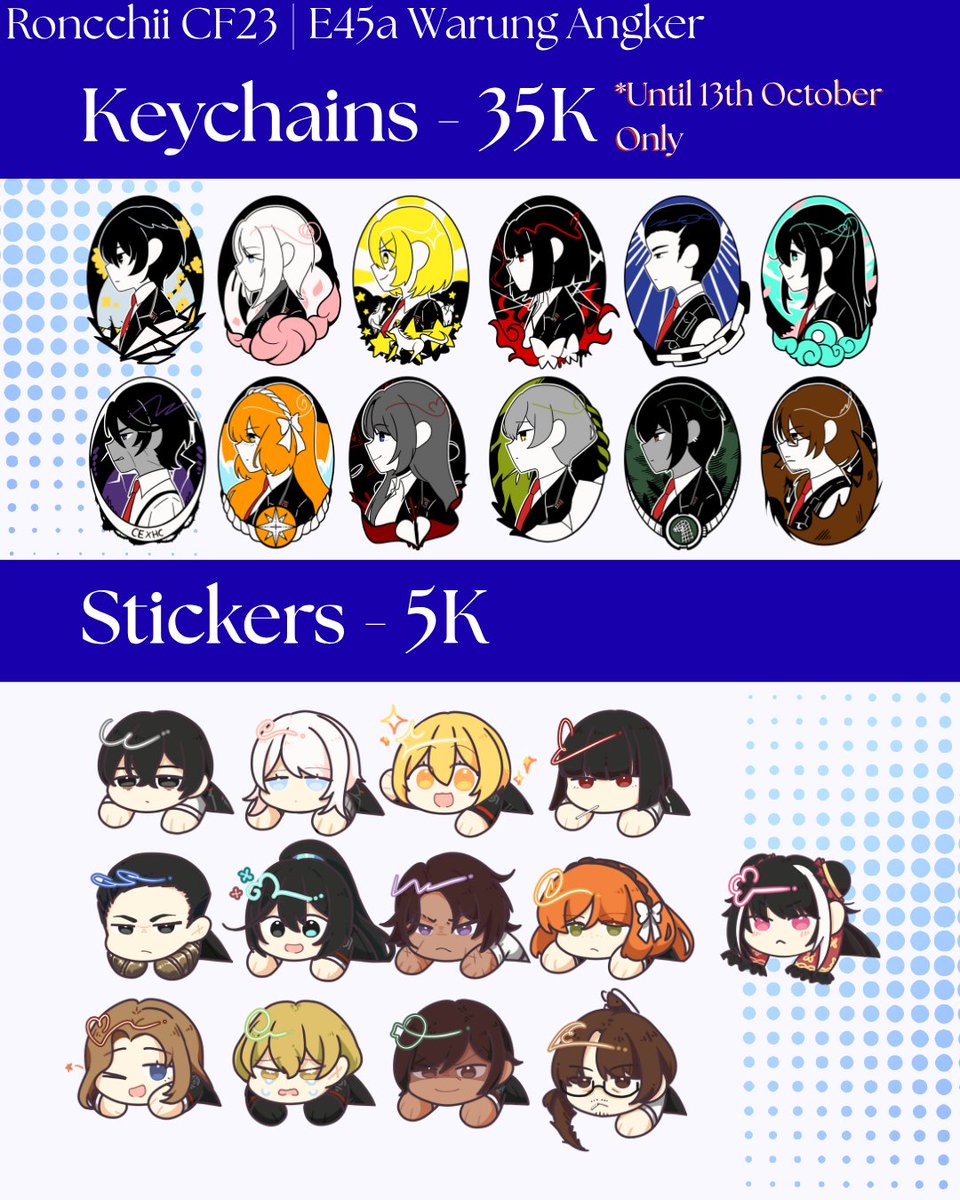 Roncchii's tweet photo. [💙&amp;🔁 Are Appreciated!]

Opening 2nd Batch for posters added!

Booth: Warung Angker (E45a)
📆: DL 18th Oct (!!! Keychain until 13th Oct only !!!)
Fandom: Mainly Limbus Company, OC

Mail+Pre-Order Link Below!
#cf23 #comifuro23 https://t.co/aeI3yE9AtL