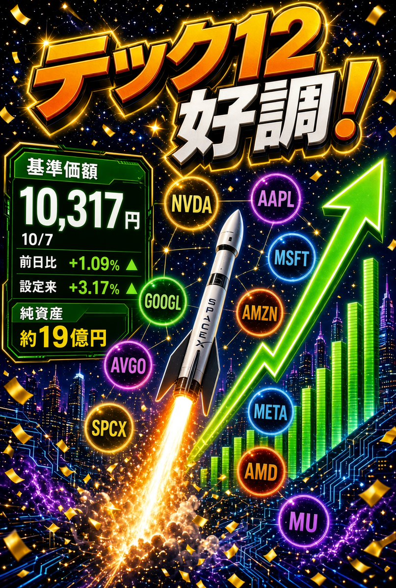 benben_diary's tweet photo. 楽天・テック12🇺🇸上昇継続‼️

基準価額 10,317円（10/7） 前日比 +111円（+1.09%） 設定来（9/25・1万円）+3.17% 純資産 約19億円

米国超大型テック集中なので振れは大きいが、それでも今はロケットが上向き🚀 https://t.co/81wKcz51Y1