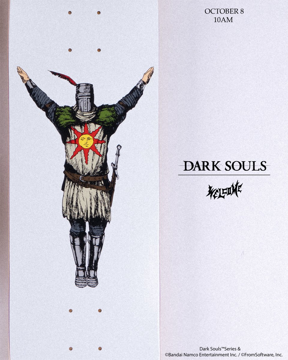 BandaiNamcoUS's tweet photo. Praise the Sun! @darksoulsgame x @welcomeskateboards available 10/8 10AM PST https://t.co/SuVAbrvQB1