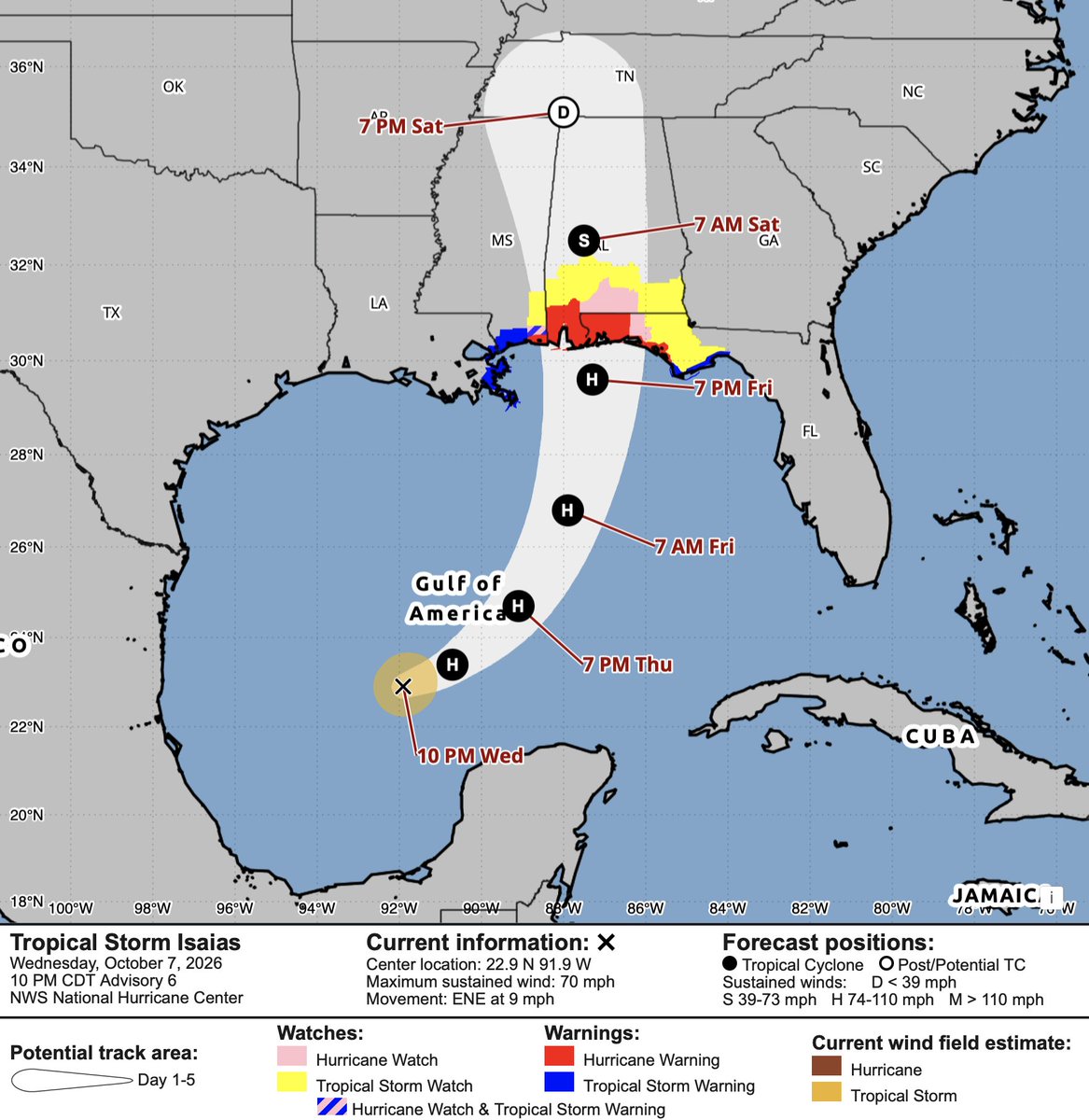 EnterpriseHolt's tweet photo. 10-7 10 p.m. NHC update: Isaias is nearing hurricane strength—will be one soon. We’re now under a hurricane warning. The system is expected to remain a dangerous Cat 2 hurricane through landfall. Track keeps ticking east, closer to us with each update.  Next update is at 4 a.m. https://t.co/y9js65LrmA